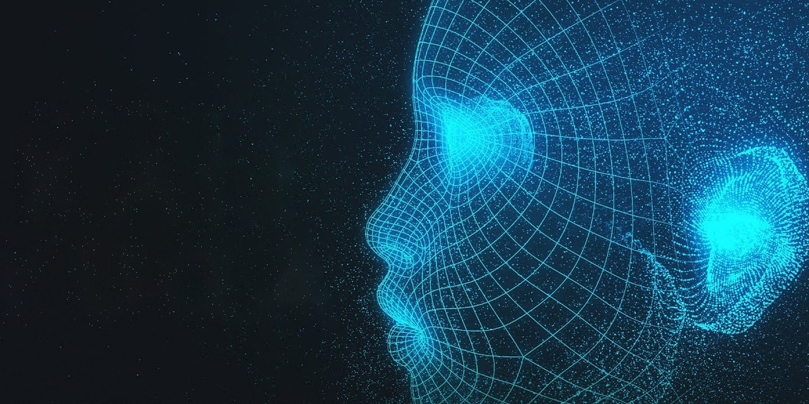 Glowing blue digital wireframe of a human face made of particles against a dark starry background, Living with Reality Ep. 53 A.I. in the Age of Kali Yuga